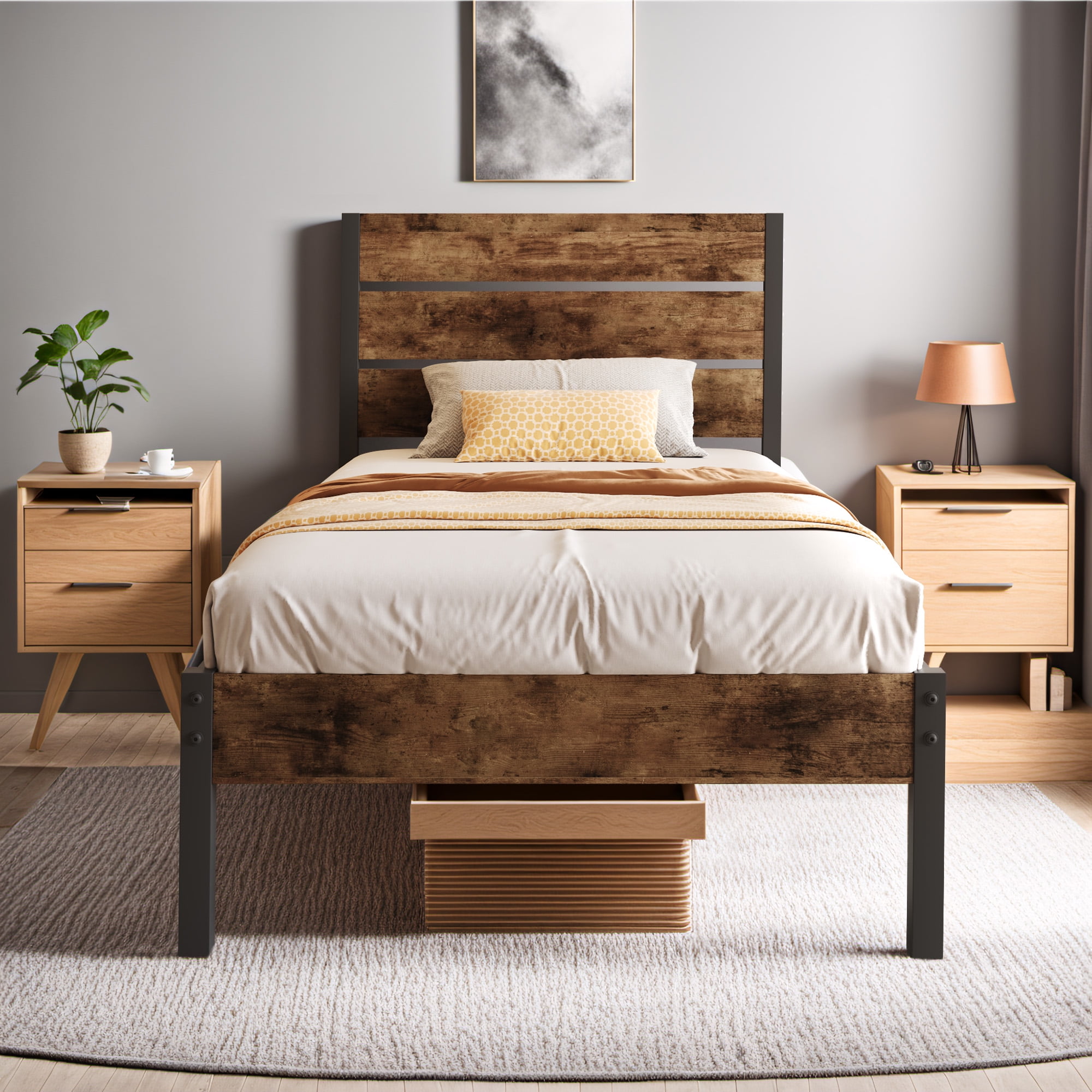 Lifezone Twin Bed Frame with Rustic Vintage Wood Headboard and