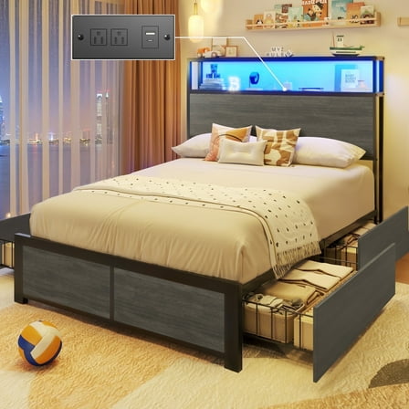 Lifezone Twin Bed Frame with Two-Tier Storage Headboard, USB Port and LED Light, Four Storage Drawers, Grey