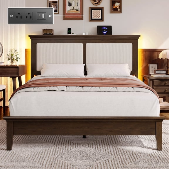 Lifezone Queen Solid Wood Platform Bed Frame, White Diamond Tufted Upholstered Headboard with LED Light, Noise-Free,  Brown