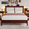 thumbnail image 1 of Lifezone Queen Solid Wood Platform Bed Frame, White Vertical Striped Upholstered Headboard with LED Light, Noise-Free, Reddish Brown, 1 of 7