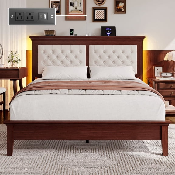 Lifezone Queen Solid Wood Platform Bed Frame, White Diamond Tufted Upholstered Headboard with LED Light, Noise-Free, Reddish Brown
