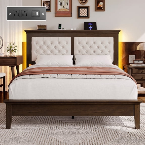 Lifezone Queen Solid Wood Platform Bed Frame, Tufted Headboard & Footboard with Charging Station, Noise-Free, Walnut Brown
