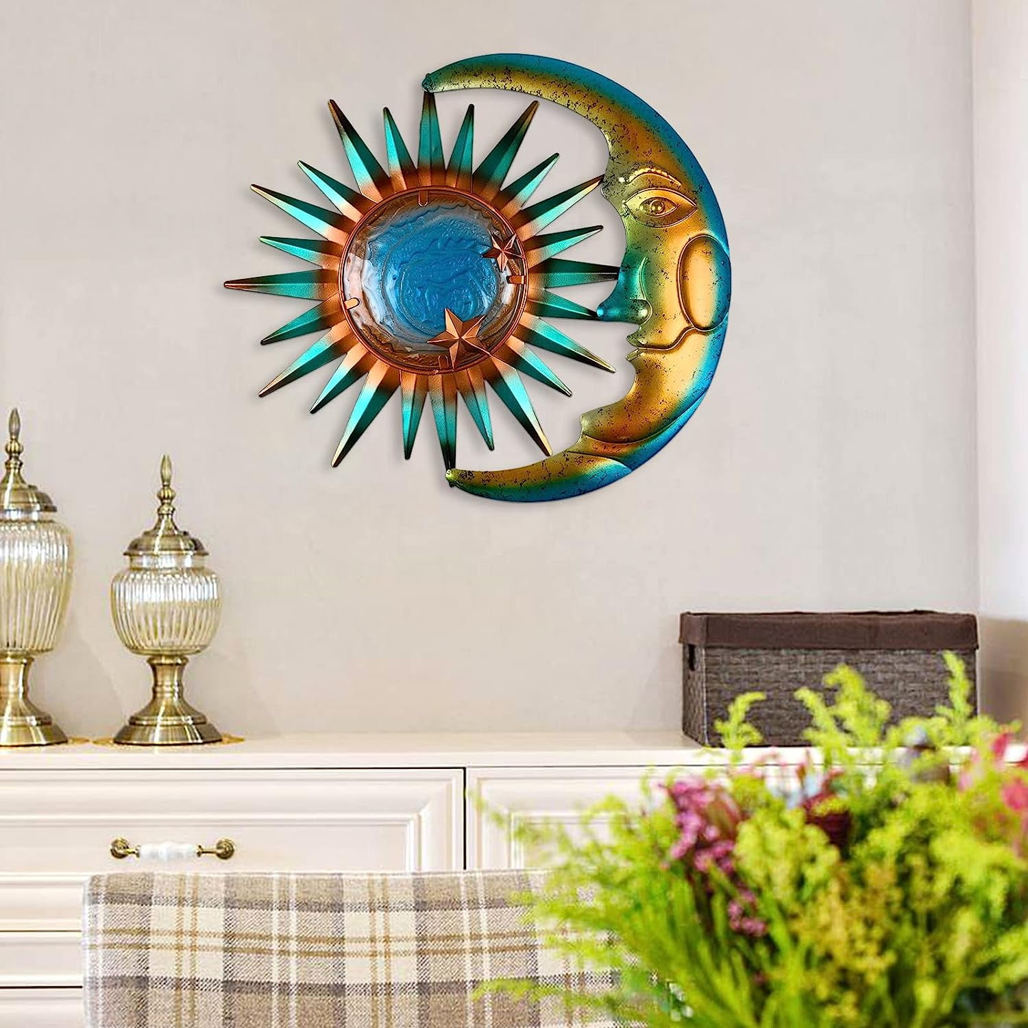 Liffy Artistic Metal Sun and Moon Wall DecorBlue and Yellow Hanging