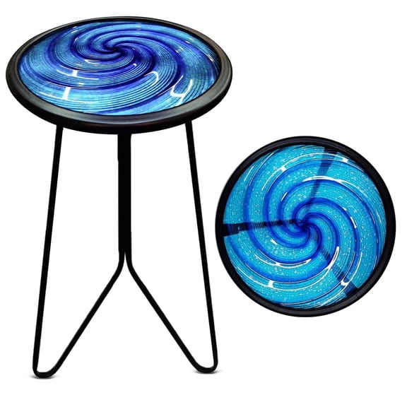 Liffy Blue Glass Side Table, 12"x12"x21" Vortex Metal End Table ,Plant Stand for Home