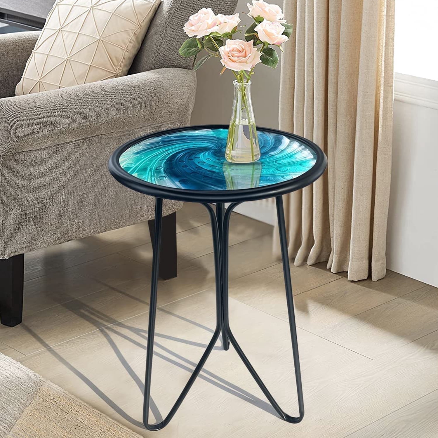 Liffy Blue Vortex Glass Side Table, 12" Round End Table, Plant Stand for Patio, Living Room
