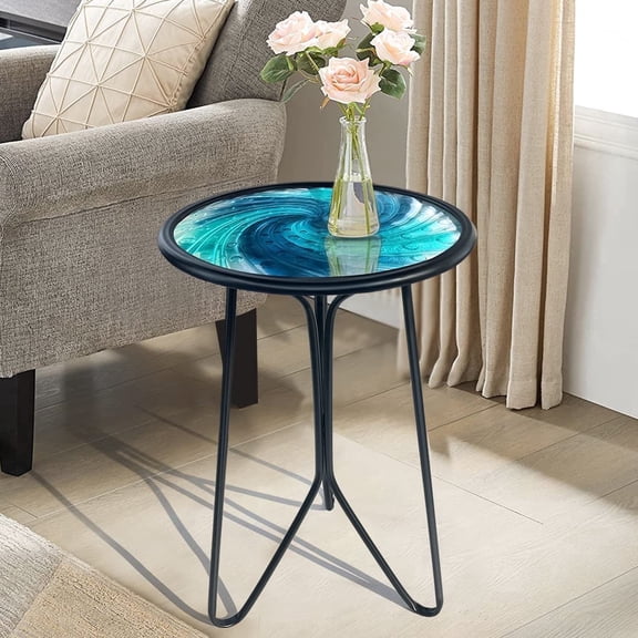 Liffy Blue Vortex Glass Side Table, 12" Round End Table, Plant Stand for Patio, Balcony, Living Room
