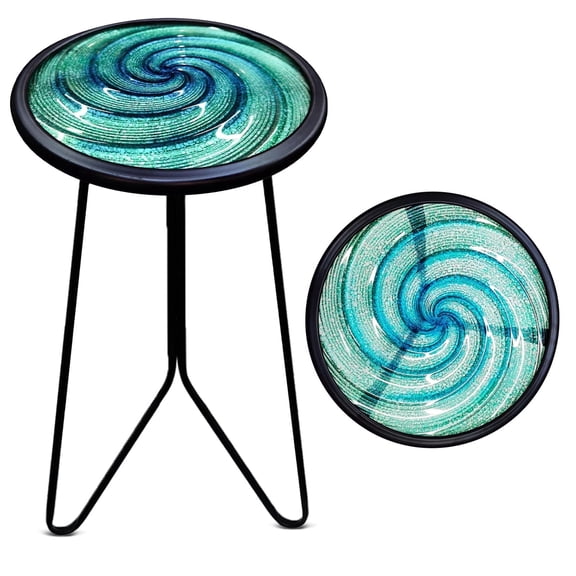 Liffy Round Glass Side Table, Vortex Metal End Table, Plant Stand for Living Room, Balcony, Porch,12"x12"x21"