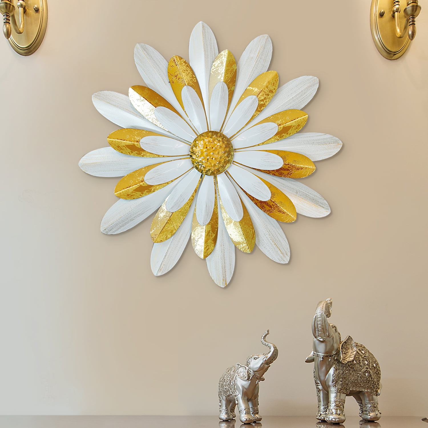 Liffy Large Size Rustic Metal Flower Wall Decor3D Gold White Metal