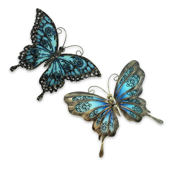 Liffy Metal Butterfly Wall Decor,2Pack 12" Hanging Glass Butterfly Outdoor Decor,Garden Decorative Ornaments Outside for Home,Yard,Fence,Patio