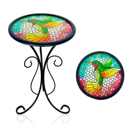 Liffy Mosaic Table, Hummingbird Metal End Table ,Small Patio Round Glass Table for Patio or Yard-12x12x22 inch