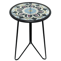 Liffy Outdoor Mosaic Table - Stylish Flower Art Design Metal & Glass End Table-Plant Stand for Patio, Balcony and Living Room - 12x12x22 inches