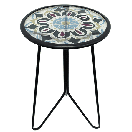 Liffy Outdoor Mosaic Table - Stylish Flower Art Design Metal & Glass End Table-Plant Stand for Patio, Balcony and Living Room - 12x12x22 inches