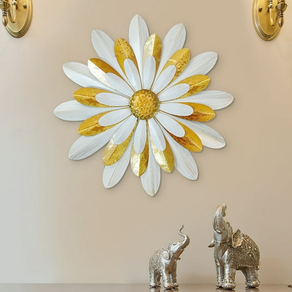 Liffy Rustic 3D Flower Wall Decor - Extra Large Gold & White Metal Art for Home or Patio (20") - Stunning Decoration