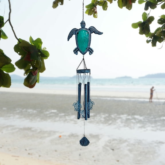 Liffy Sea Turtle Glass Wind Chimes - Outdoor Garden Decor with Metal Tubes and Hanging Shells (Blue)