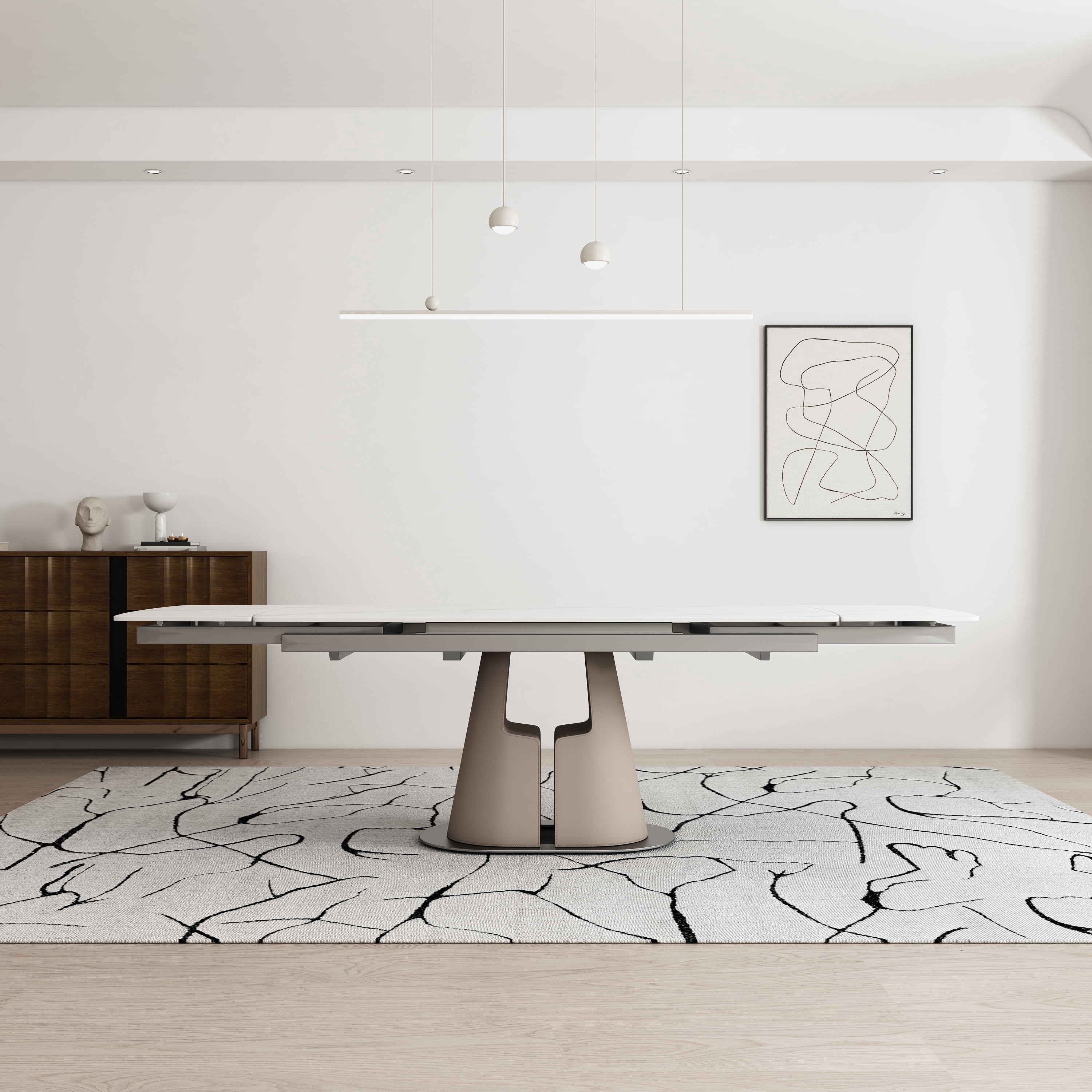 LifoHous Modern Dining Table, Seats 8-10, Extendable Sintered Stone Dining Table, White Top, Saddle Leather Pedestal Table, 90 in.