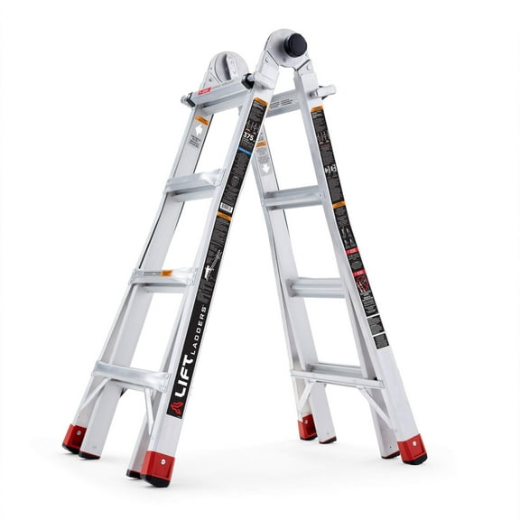 Lift Ladders 18’ Reach 5-in-1 Multi-Position and Extendable Aluminum Step Ladder, Silver