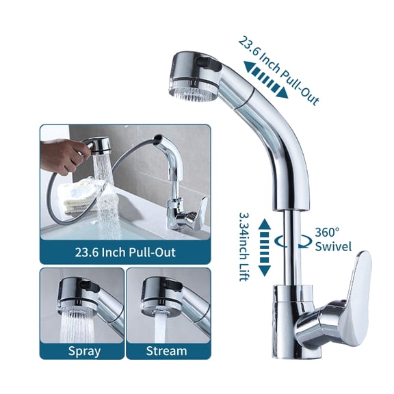 Lift and Pull Out Kitchen Faucet 360 Degree Swivel Basin Tap with 2 Spray Modes and 23.6 Inch Extended Hose Single Handle Brass Utility Faucet for Bar Bathroom Laundry Sink 16.5in / 42cm