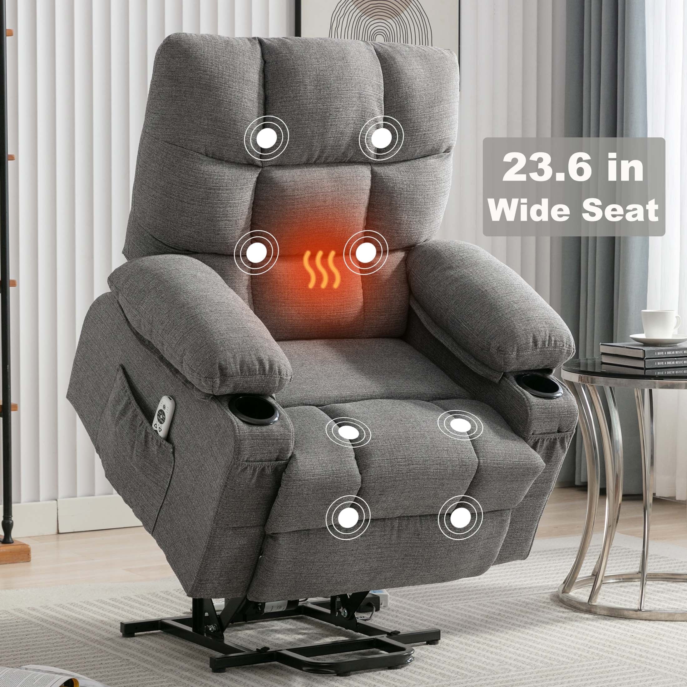 Lift Recliner Chair, 23.6 in Wide Large Power Lift Chair Recliner for Elderly, Electric Lift Recliner for Living Room with Heat and Massage, Cup Holders and Side Pocket, Gray