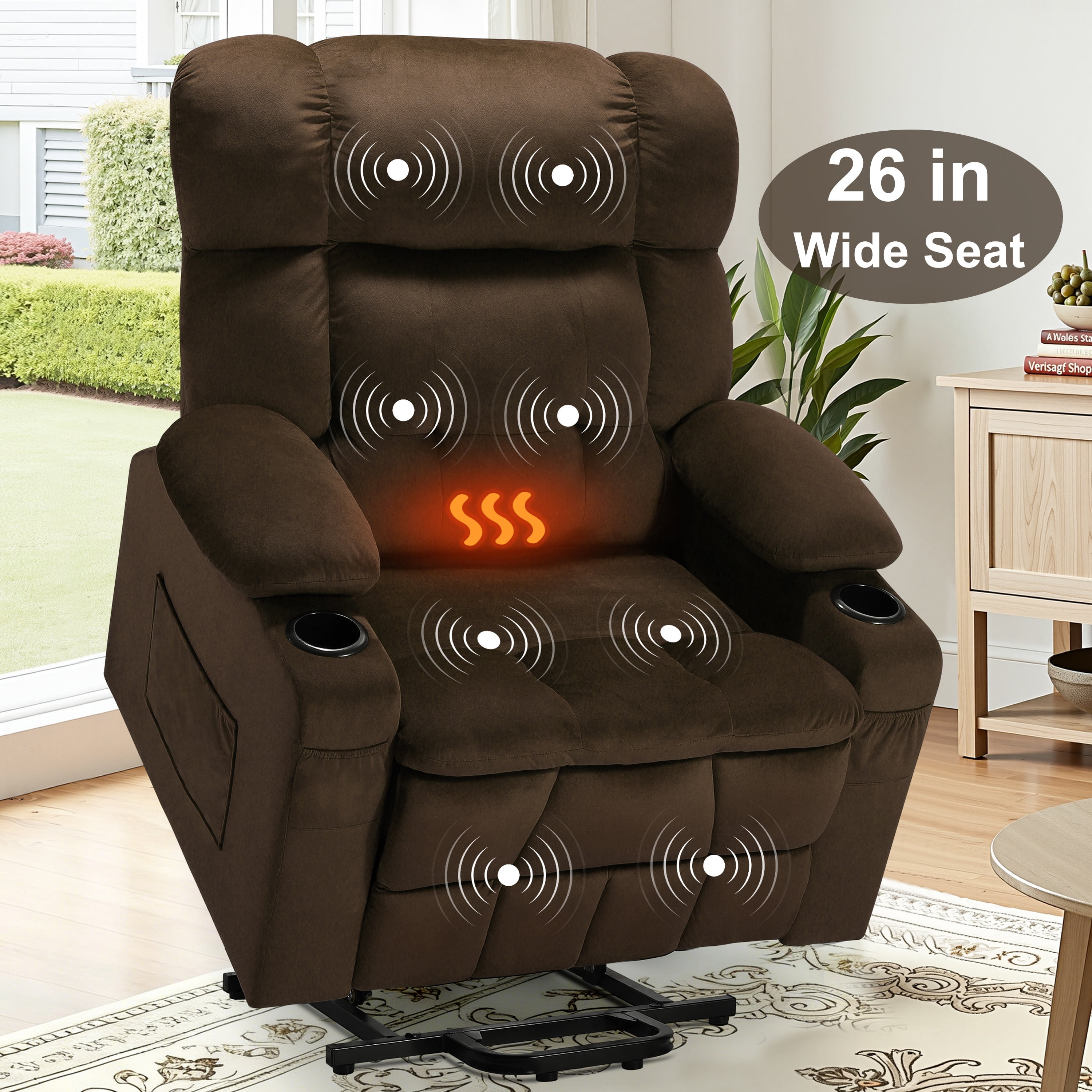 Oversized Power Lift Recliner, LEGAHOME 26in Large Wide Lift Chair for Elderly, Massage Recliner with Heat for Big and Tall Adults, Living Room Recliner Chair with Cup Holders, Brown