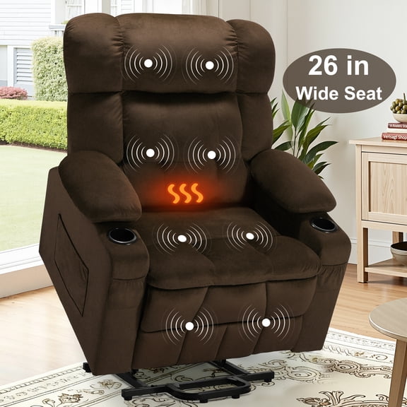 Oversized Power Lift Recliner, LEGAHOME 26in Large Wide Lift Chair for Elderly, Massage Recliner with Heat for Big and Tall Adults, Living Room Recliner Chair with Cup Holders, Brown