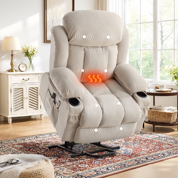 Lift Chair for Elderly, Power Lift Recliner Chair with Heat and Massage, 24.5" Oversized Massage Recliner for Living Room with Remote Control, Cup Holders, Easy Stand, 350lbs Capacity, Beige