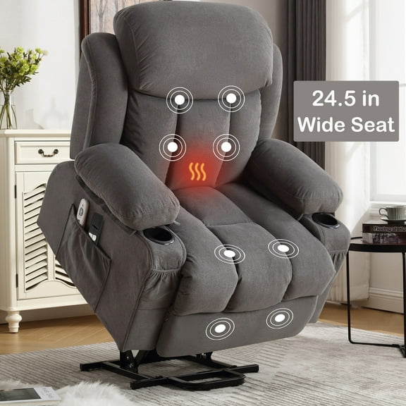 Power Lift Recliner Chair for Elderly, Legahome 24.5in Oversized Lift Recliner With Massage and Heat Up to 350lbs, 160° Electric Adjustable Power Theater Recliner for Living Room, Gray
