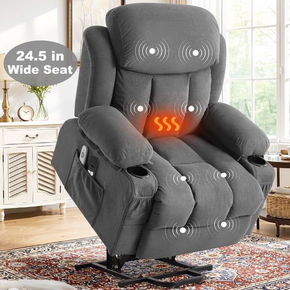 Lift Chair for Elderly, Power Lift Recliner Chair with Heat and Massage, 24.5" Oversized Massage Recliner for Living Room with Remote Control, Cup Holders, Easy Stand, 350lbs Capacity, Gray