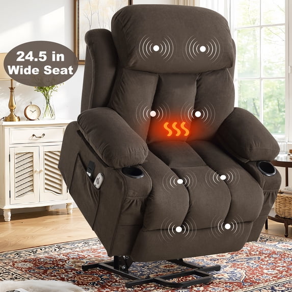 Lift Chair for Elderly, Power Lift Recliner Chair with Heat and Massage, 24.5" Oversized Massage Recliner for Living Room with Remote Control, Cup Holders, Easy Stand, 350lbs Capacity, Brown