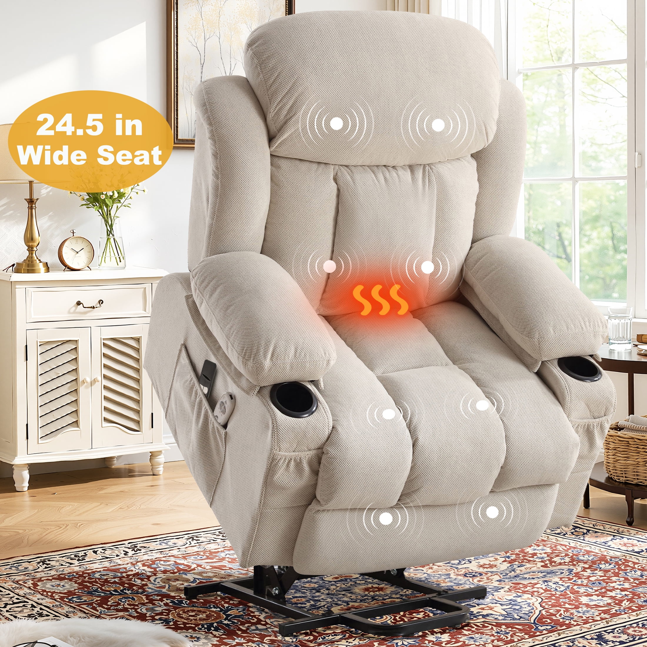 Lift Chair for Elderly, Power Lift Recliner Chair with Heat and Massage, 24.5" Oversized Massage Recliner for Living Room with Remote Control, Cup Holders, Easy Stand, 350lbs Capacity, Beige