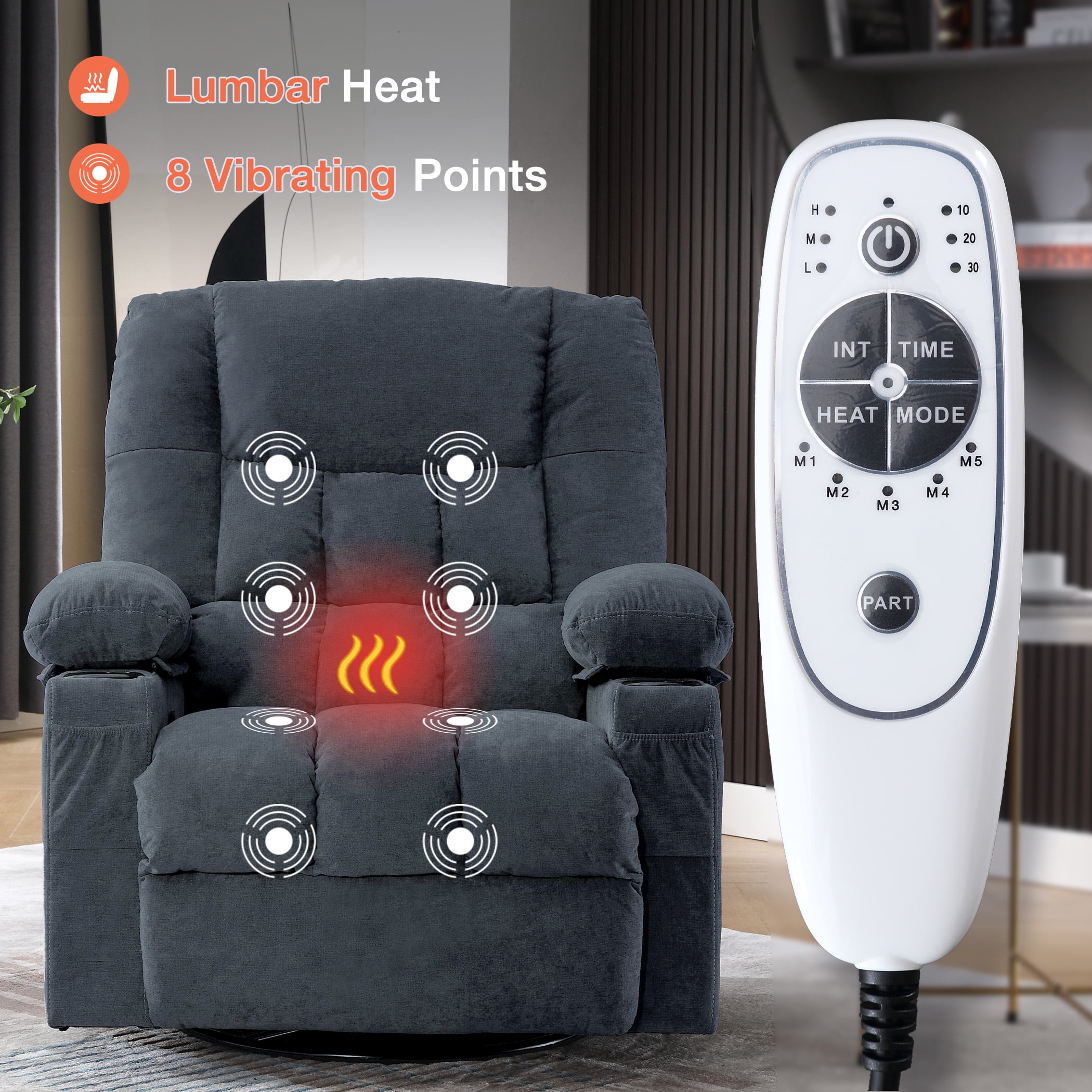 Oversized Massage Rocker Recliner Chair for Adults,Manual Vibration Massage with Heat, 8 Massage Points, 2 Cup Holders, USB Charging Port, Rocking Function, Reclines up to 150°