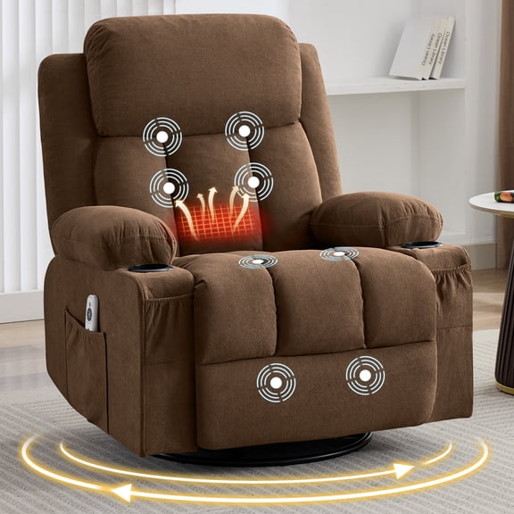 Segmart Oversized Swivel Recliner Chair with Vibration Massage & Lumbar Heating, 360-Degree Rocker Recliner Single Sofa with Side Pocket and USB Charge Port for Living Room, 350lbs,Brown