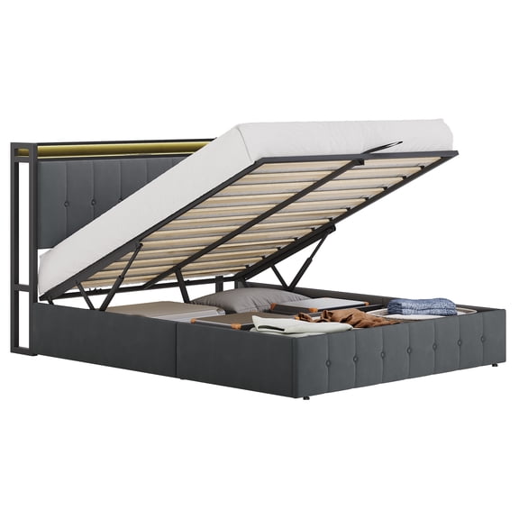 Lift Up Storage Bed Frame Full Size, Velvet Upholstered Hydraulic Platform Bed Storage Headboard with LED Light & Charging Station, Wooden Slats, No Box Spring Needed