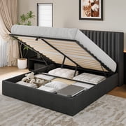 Lift up Storage Bed Frame Queen with Wingback Headboard, Modern Linen Upholstered Platform Bedframe with Hydraulic Lifts, Easy Assembly, Sturdy Wood Slats, Black