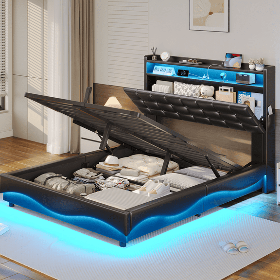 Lift Up Storage Bed Frame Twin Size with Storage Headboard, Charging Station & RGB Lights, PU Leather Upholstered Platform Bed Frame, No Box Spring Needed, Hydraulic Storage, PU Black