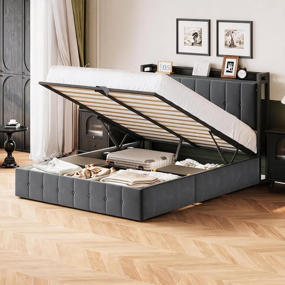 Upholstered Metal Platform Bed Frame with Lift-Up Storage, Hydraulic System for Bedroom,Full,Dark grey