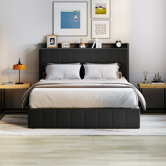 Lift Up Storage Bed Frame, Upholstered Velvet Bed with Storage Headboard & Sturdy Wooden Slats Support, Metal Platform Bed, No Box Spring Needed, Noise Free