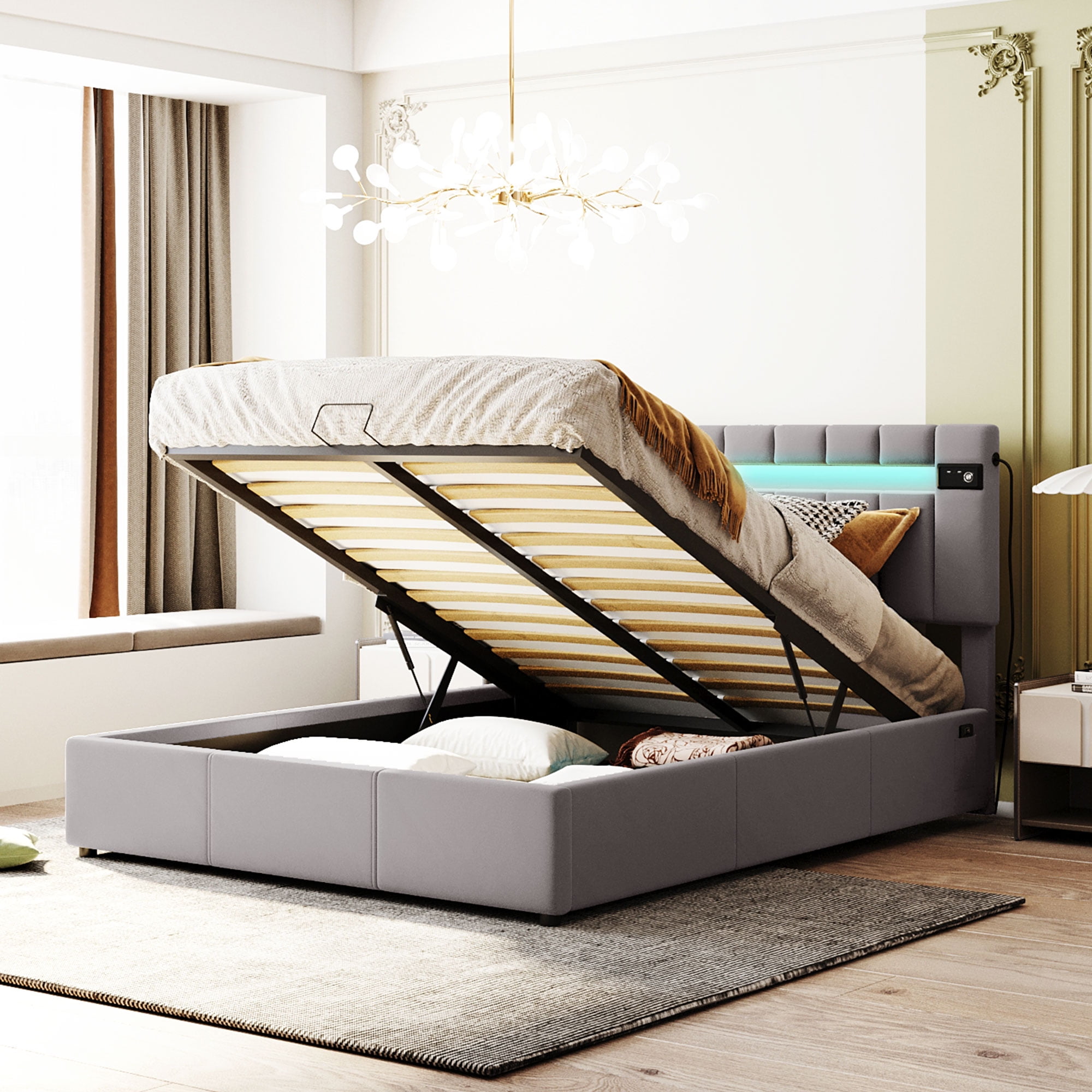 Lift Storage Bed Queen Size Upholstered Platform with LED light Bluetooth Player and USB Charging Tufted Headboard Bed Frame with a Hydraulic