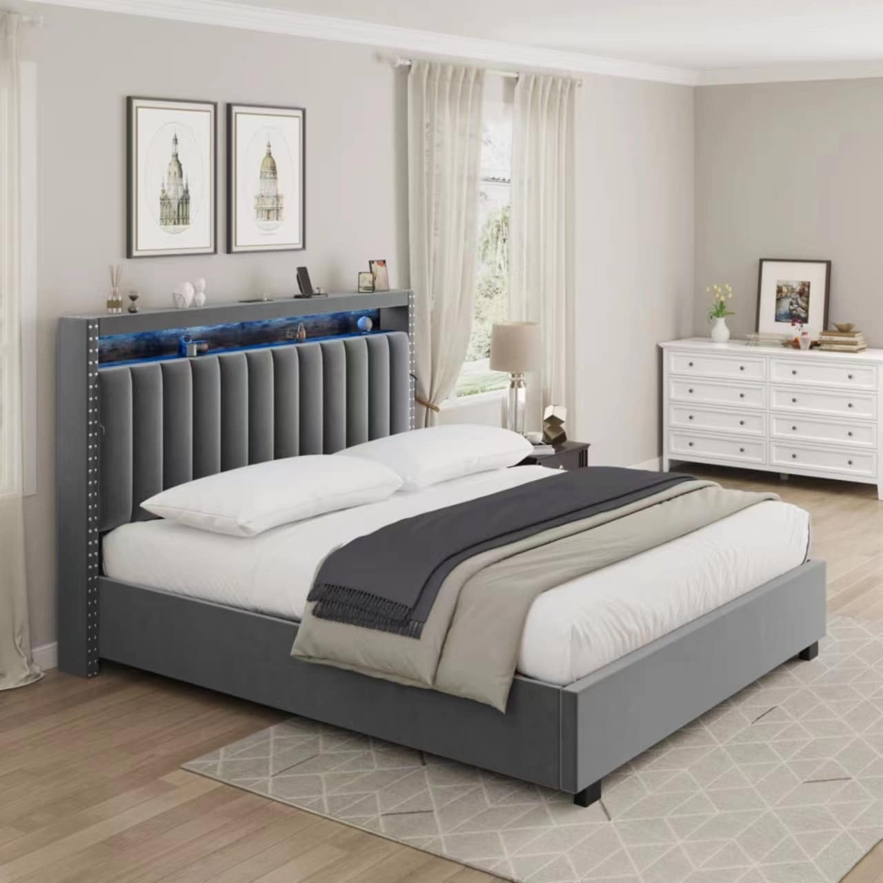 Grey Upholstered Queen Bed with Lighted Headboard and Storage