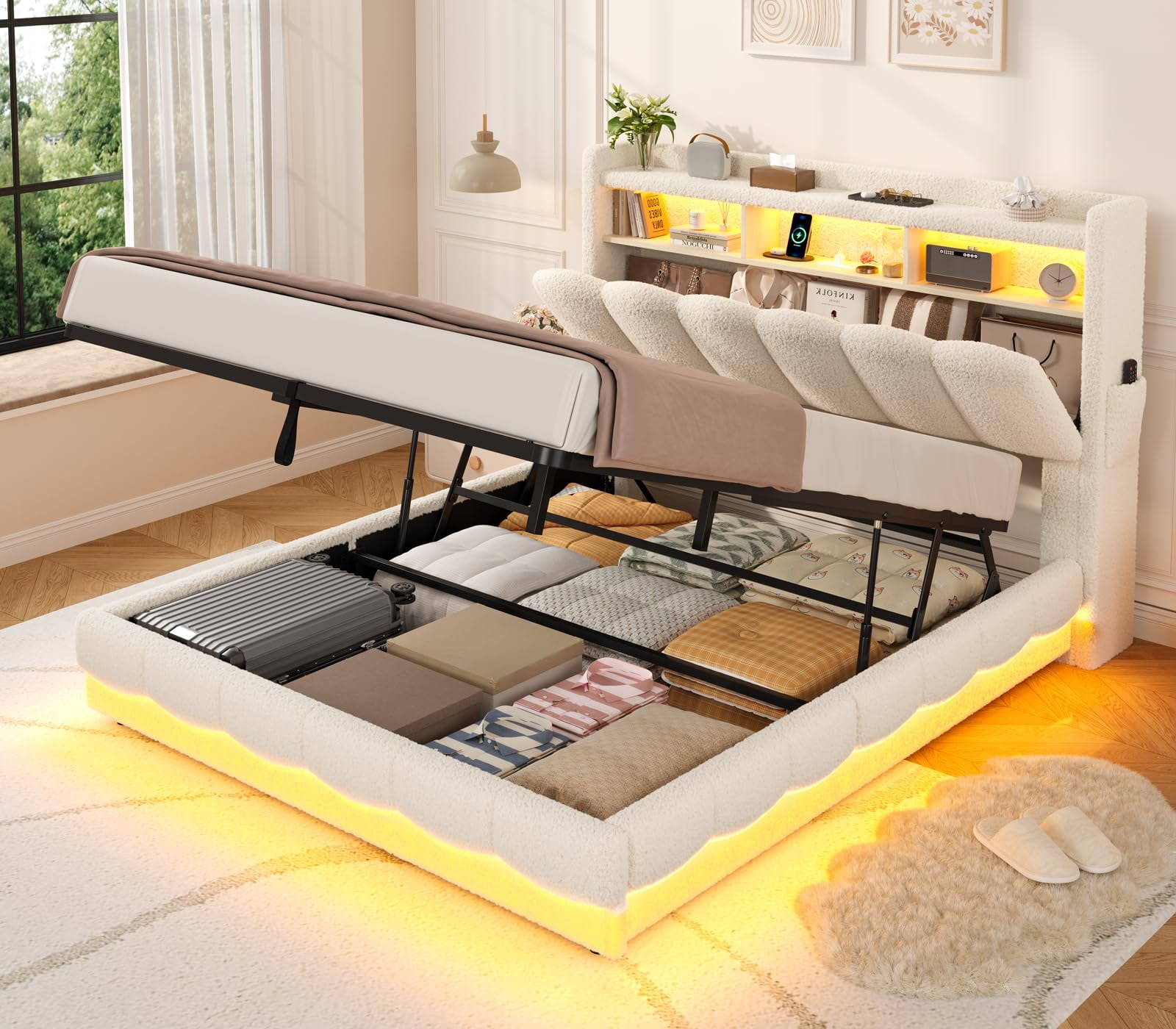 5ft Grey Velvet King Ottoman Bed With LED Lights & Charging Station - Hydraulic Storage Bed Frame - View #9