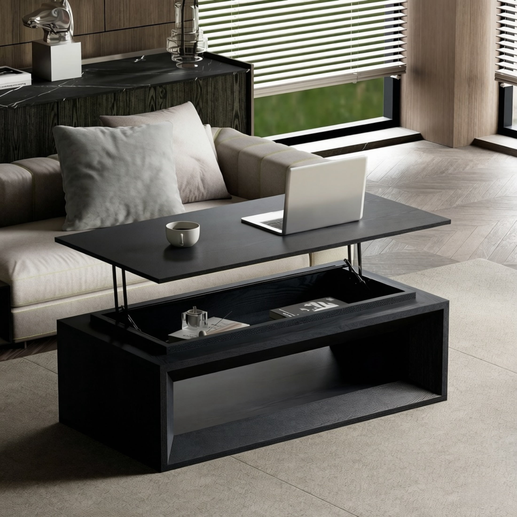 Lift-Top Adjustable Coffee Table with Hidden Storage, Solid Wood Veneered Modern End Table, Accent Cocktail Table