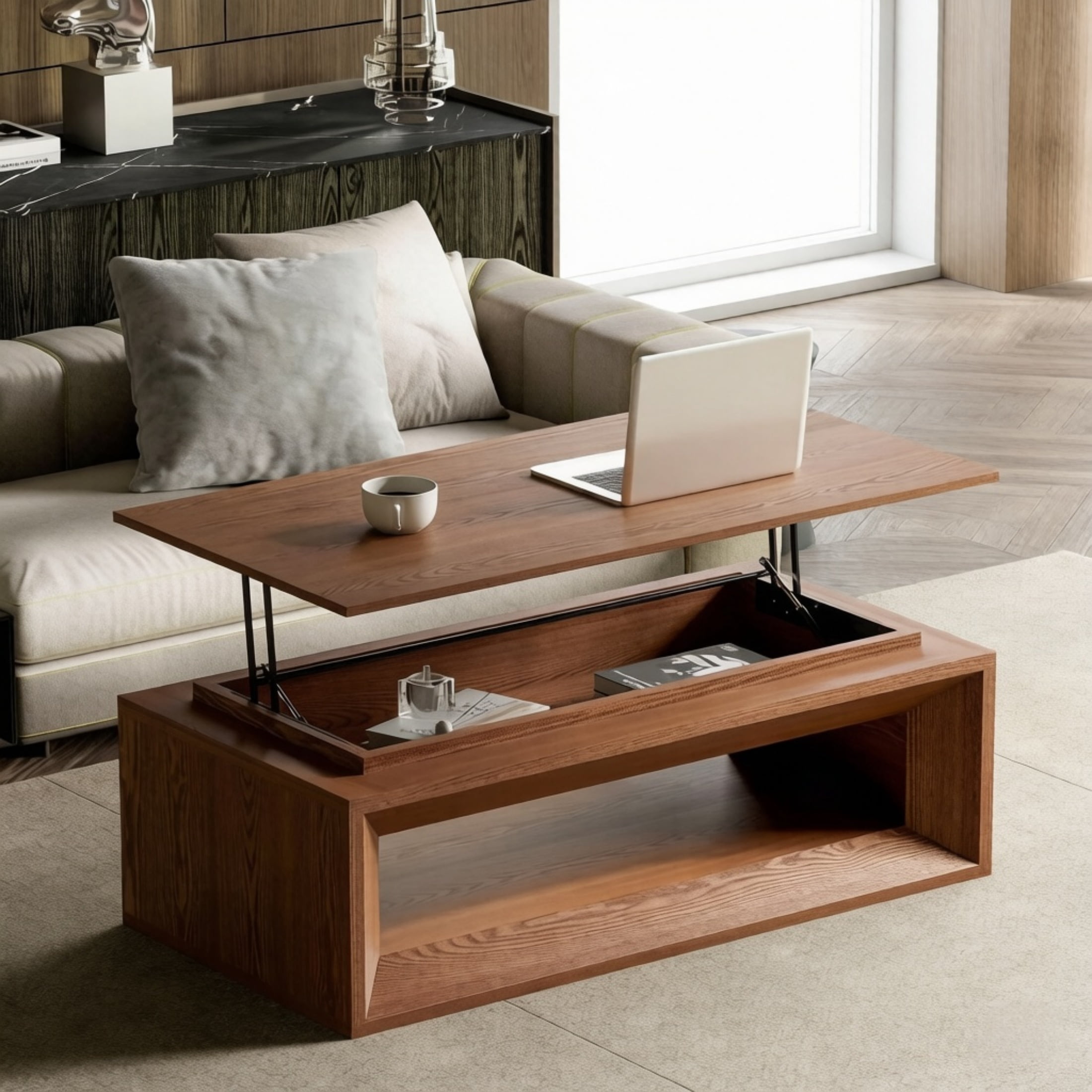 Lift-Top Adjustable Coffee Table with Hidden Storage, Solid Wood Veneered Modern End Table, Accent Cocktail Table