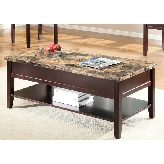Lift Top Cocktail Table With Dark Cherry Finish And Faux Marble For Home Decor Contemporary Shelf Storage