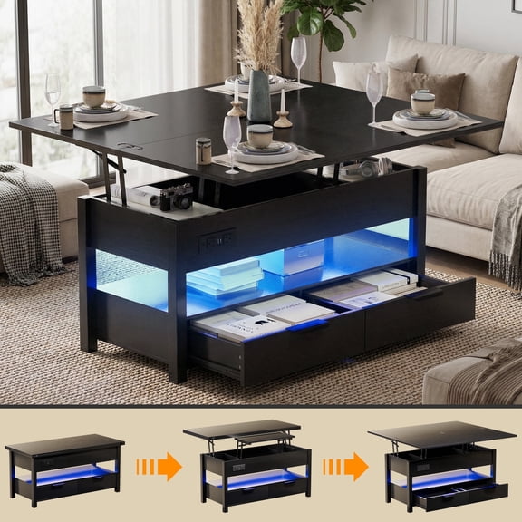 Lift Top Coffee Table with 2 Drawers, Charging Station featuring 2 AC Outlets & 2 USB Ports, LED Lighting, Multi-functional Wooden Dining Table for Living Room, Black