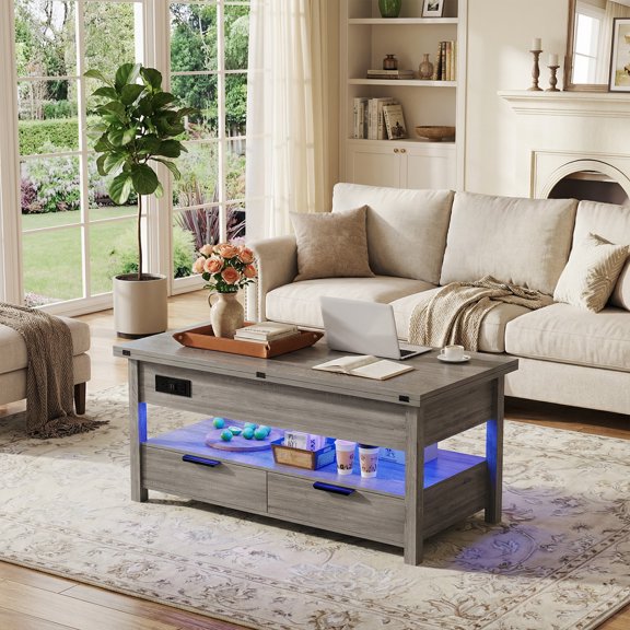 Lift Top Coffee Table with 2 Drawers, Charging Station featuring 2 AC Outlets & 2 USB Ports, LED Lighting, Multi-functional Wooden Dining Table for Living Room, Gray