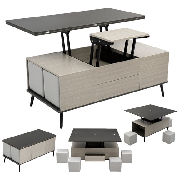 Lift Top Coffee Table, 3-in-1 Multi-Functional Center Table with 4 Stools, Space Saving Folding Dining Table Coffee Table with Hidden Storage, Convertible Coffee Table to Dining Table for Living Room