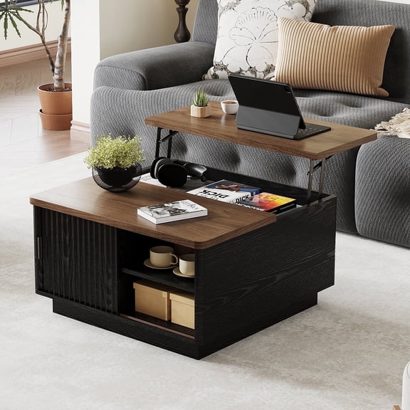 Pusnapku Lift Top Coffee Table, 31" Square Center Table with Sliding Door and Hidden Storage, Wood Fluted Accent Desk for Living Room, Home Office