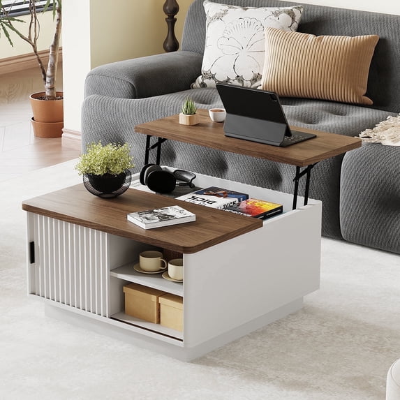 Pusnapku Lift Top Coffee Table, 31" Square Center Table with Sliding Door and Hidden Storage, Wood Fluted Accent Desk for Living Room, Home Office