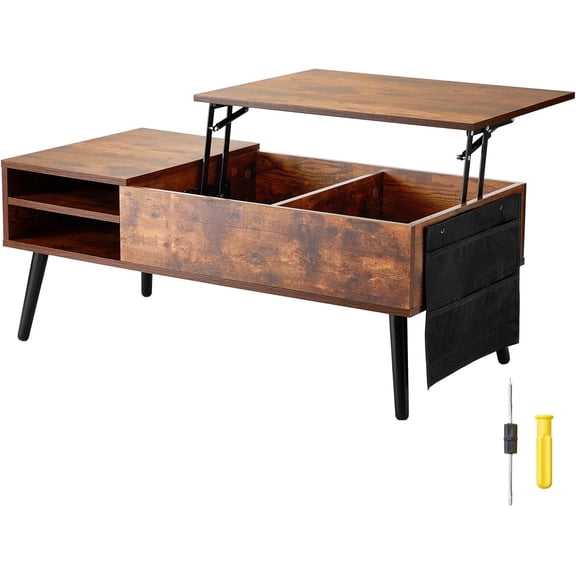 Lift Top Coffee Table, 39.4 in Rectangle Coffee Table with Extra Storage Pockets, Pop Up Coffee Table for Living Room, Brown