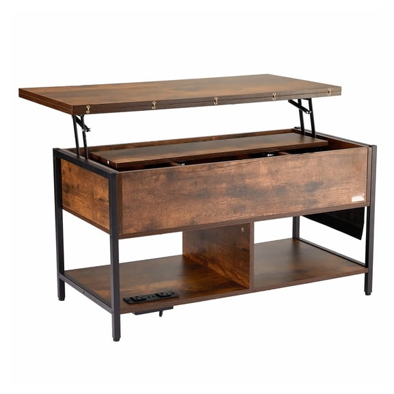 Lift Top Coffee Table, 39.4in Rectangle, Storage Pockets, Flip Top, Power Strip & USB, Ambient Lights, Brown Living Room
