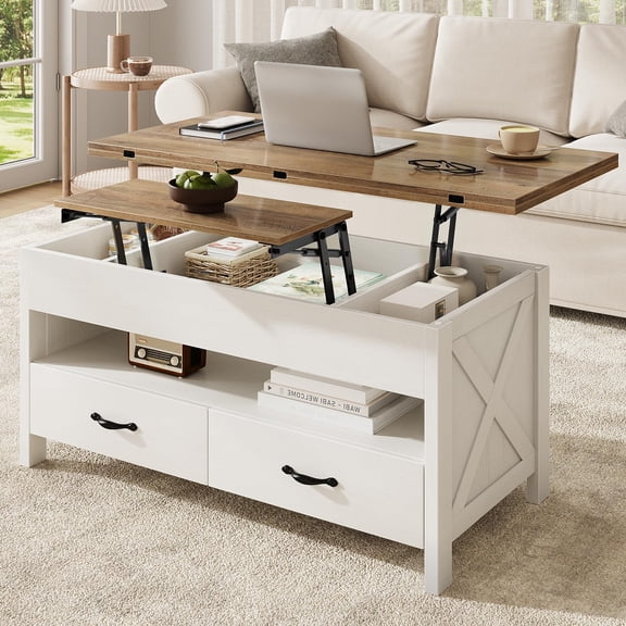 Lift Top Coffee Table, 4 In 1 Convertible Center Table With Hidden Compartment, Open Storage Shelf, Two Wooden Drawers, Farmhouse Style Multifunctional Table For Living Room Office, Brown And White